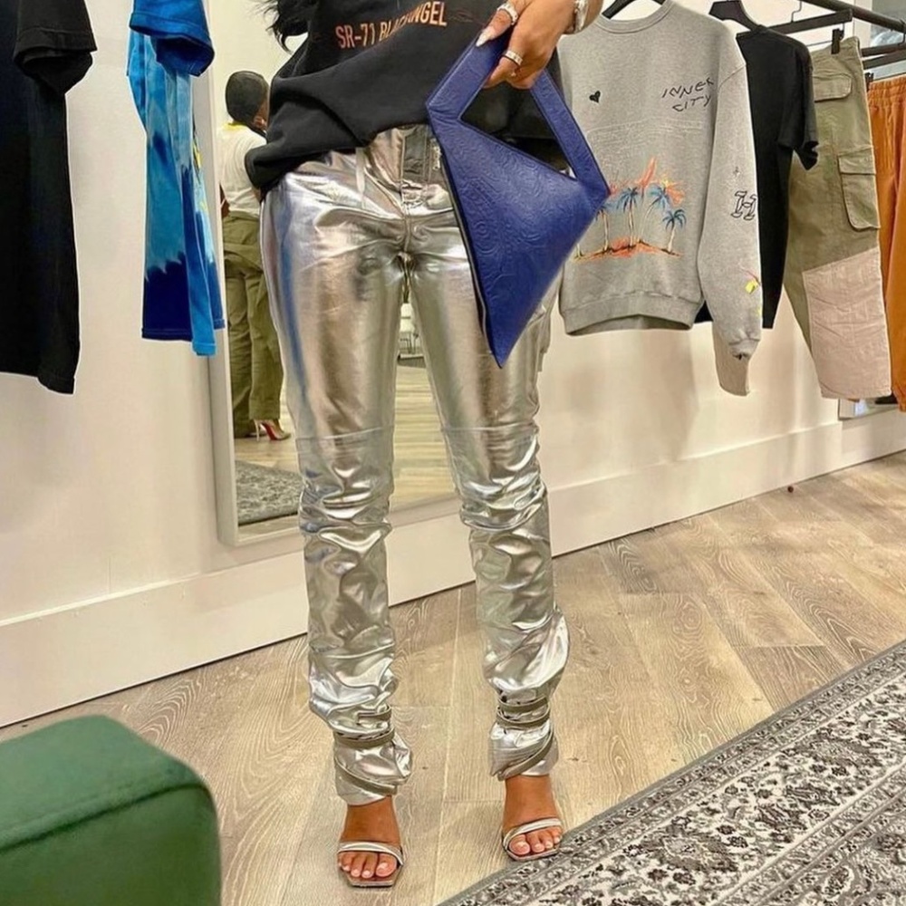 NYRVA SILVER STACKED METALLIC PANTS